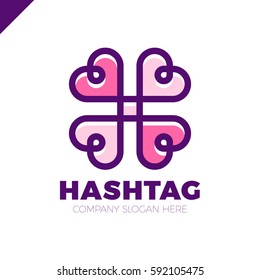 Four hearts social vector symbol. Heart cross logotype. Abstract line hashtag logo icon sign.