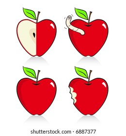 Four heart-shaped apple icons with reflection