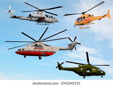 Four helicopters flying in a blue sky, showcasing military, ambulance, and rescue aircraft engaged in air operations. Hand drawn illustration