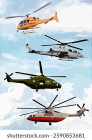 Four helicopters, two ambulance helicopters, a military helicopter, and a large rescue helicopter, are flying in a cloudy sky. Hand drawn Illustration