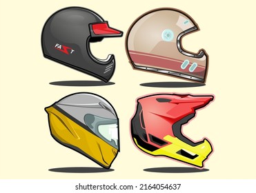 Vier Helme mit unterschiedlichen Modellen und Farben