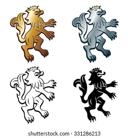 Four heraldic lions, black, outlined, gold and silver lion in a crown, vector illustration.