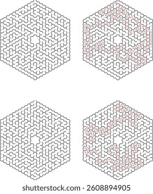 Four hexagonal mazes displayed two unsolved and two solved with paths highlighted. Complex designs challenge problemsolving skills. Printable for fun.