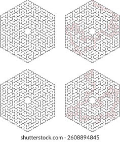 Four hexagonal mazes showing a stepbystep solution. The path is highlighted in pink to show the route from entrance to exit. A classic brain teaser.