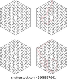 Four hexagonal mazes shown two unsolved and two solved. Each maze presents a complex pathfinding challenge from entrance to exit. Test your problemsolving skills!