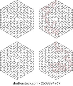 Four hexagonal mazes shown unsolved, solution stages. Pink lines highlight the correct path to the center from the outer edge. A challenging brain teaser.