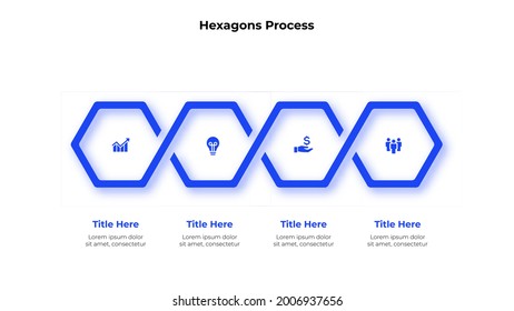 Four hexagons arranged in a row and interconnected. Concept of 4 steps of business development process. Abstract infographic presentation.