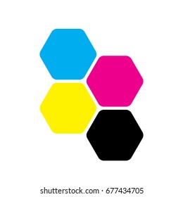 Four hexagons in CMYK colors. Printer theme. Vector illustration.