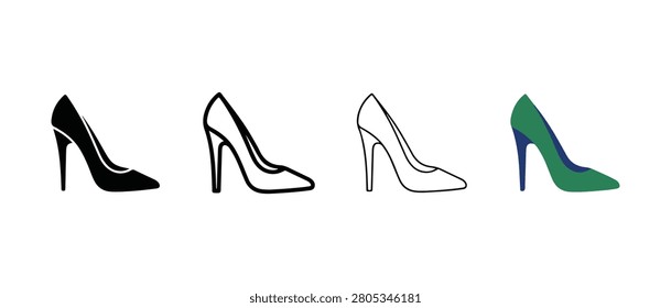 Four highheeled shoes in different colors black white green and blue on white background