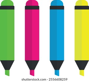 Four highlighter pens in different colors: green, pink, blue, and yellow. Each pen has a black tip and a black band near the top, with the tips slightly angled, indicating chisel-tipped highlighters.