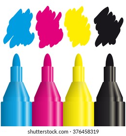 four highlighters with the CMYK color to use for print advertising