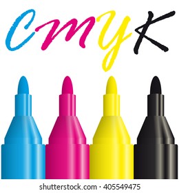 four highlighters with the CMYK color to use for print advertising