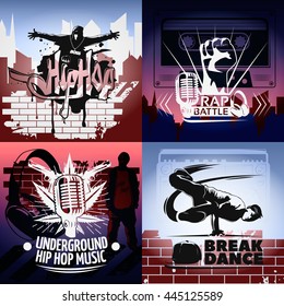 Four Hip Hop Icon Set With Descriptions Of Rap Battle Underground Hip Hop Music And Break Dance Vector Illustration