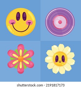 four hippie culture set icons