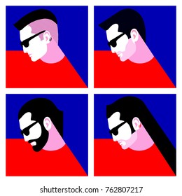 Four hipsters. Set of abstract man portraits in profile. Male characters with different hairstyles,  wearing sunglasses. Vector illustration