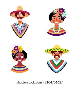 Four Hispanic cartoon people in traditional clothes white isolated vector