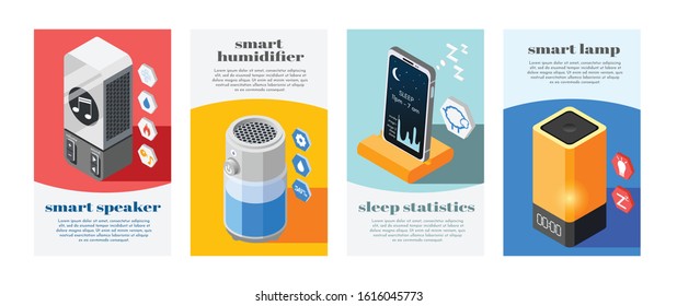 Four hi-tech sleeping isometric banner set with smart lamp speaker humidifier and sleep statistics descriptions vector illustration