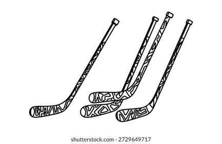 Cuatro palos de hockey con diseños estampados sobre fondo transparente