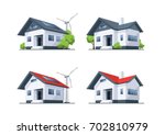 Four home buildings in perspective view. Family off-grid self sustainable roof house with solar panels and wind turbines. Vector illustration in cartoon style isolated on white background.