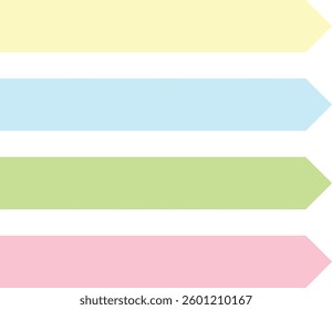 Four horizontal arrows pointing to the right, stacked vertically with equal spacing. Each arrow is a different color: yellow, blue, green, and pink. Perfect for banners or text highlights. Arrows.