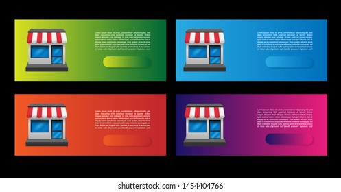 four horizontal banners design. web banners with shop building. gradient color.trendy color. modern design.set 