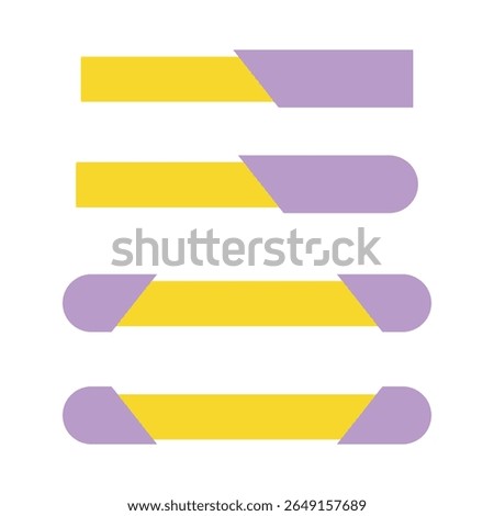 Four horizontal bars, yellow and purple, with varied end shapes, arranged vertically, flat perspective, graphic design, clean lines, bright, cheerful, minimalist aesthetic.