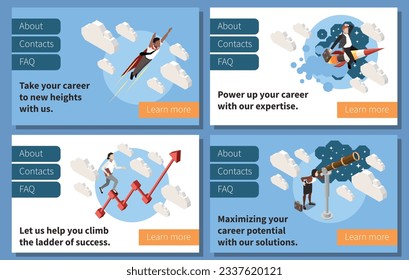 Four horizontal career boost isometric banner set with about contacts faq buttons vector illustration