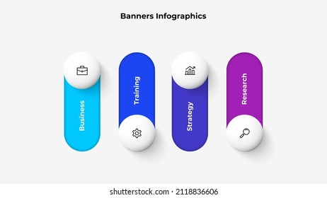 Cuatro pancartas redondeadas horizontales se deslizan en forma de interruptor. Concepto de visualización de proyectos empresariales con 4 opciones.