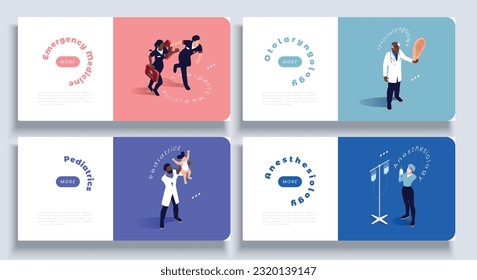 Four horizontal sections of medicine isometric banner set with emergency medicine otolaryngology pediatrics and anesthesiology headline vector illustration