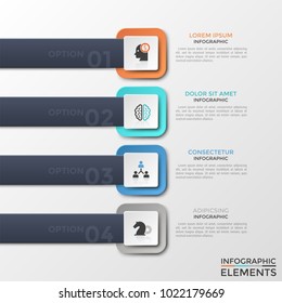 Four horizontal stripes with numbers, linear symbols inside white squares and text boxes. Concept of menu or list with 4 options. Modern infographic design template. Vector illustration for website.