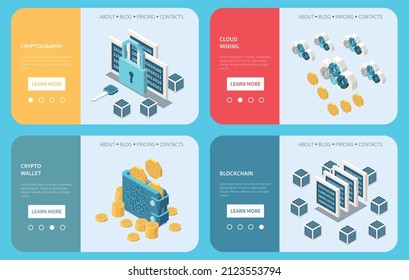 Four horizontal web banners set with crypto technology wallet blockchain cloud mining cryptography 3d isolated isometric vector illustration