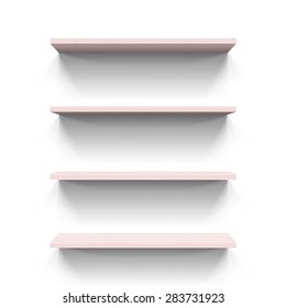 Four horizontal wooden bookshelves on the white wall