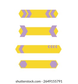 Quatro faixas horizontais amarelas com acentos geométricos lavanda são empilhadas verticalmente, cada uma com uma ponta de seta única ou design hexagonal, plano, estilo gráfico.