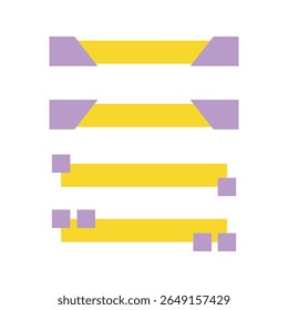 Quatro barras horizontais amarelas são flanqueadas por formas geométricas roxas, triângulos acima e quadrados abaixo, contra um fundo branco, criando um design minimalista e abstrato.