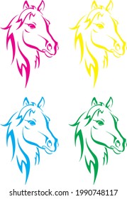 four horse busts, cyan magenta yellow and black. silhouettes of wild horses with long manes