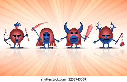 The four horsemen of the Apocalypse. Virus Knight cartoon characters. Coronavirus vector COVID-19 illustration.