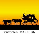 Four horses stage coach wagon on the prairie, vector illustration