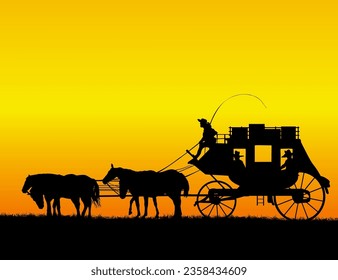 Four horses stage coach wagon on the prairie, vector illustration