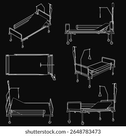 Four hospital beds with distinct designs stand in a row against a black background. Each bed features a white frame, visible headboard, and neatly placed mattress.