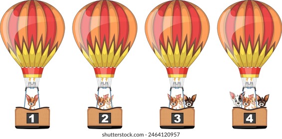 Four hot air balloons with animal passengers ascending