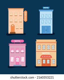 four hotels buildings facades icons