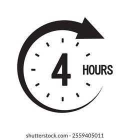 Four hours icon. Bold 4 text. Circular clock symbol. Countdown timer graphic.