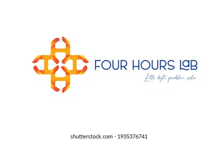 Vier Stunden Labor. Logo mit vier Buchstaben H, die ein Symbol mit orangefarbenem Farbverlauf bilden