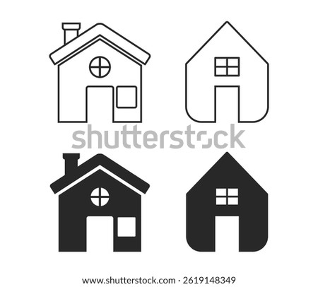 Four house icons in outline and solid styles, two with windows and chimneys, two simpler with a single window and rounded roof.