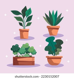 four houseplants in pots icons