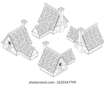 Four houses with chimneys and a roof. The houses are all different sizes and shapes. The houses are all lined up in a row. Isometric view