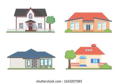 Four houses exterior vector illustration front view with roof. Modern and rural. Townhouse building apartment. Home facade with doors and windows and some trees.