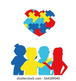 Four human colored silhouettes on them a heart with texture of puzzles
