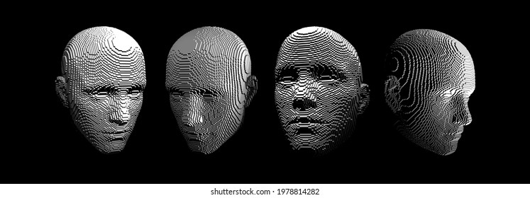 Four human faces constructing from cubes. Anonymous social masking. Technology and robotics concept. Voxel art. 3D vector illustration.