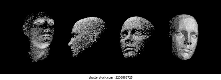 Cuatro caras humanas construyendo a partir de partículas. Red formando rostro humano de IA. Concepto de tecnología y robótica. Enmascaramiento social anónimo. Ciberdelincuencia e ilustración vectorial de la seguridad cibernética. 